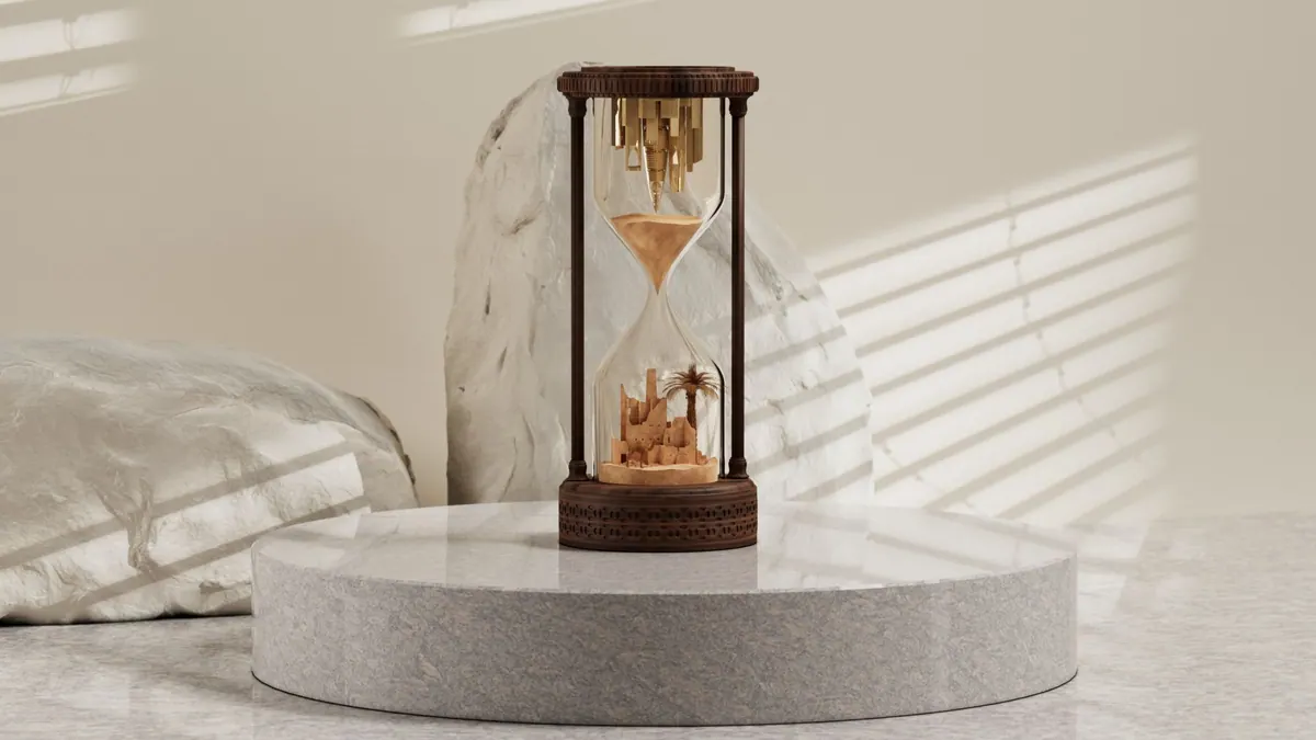 Hourglass commemorative piece under a glass dome