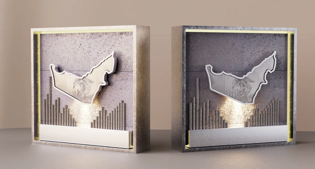 Two plaques cut in the outline of the UAE map