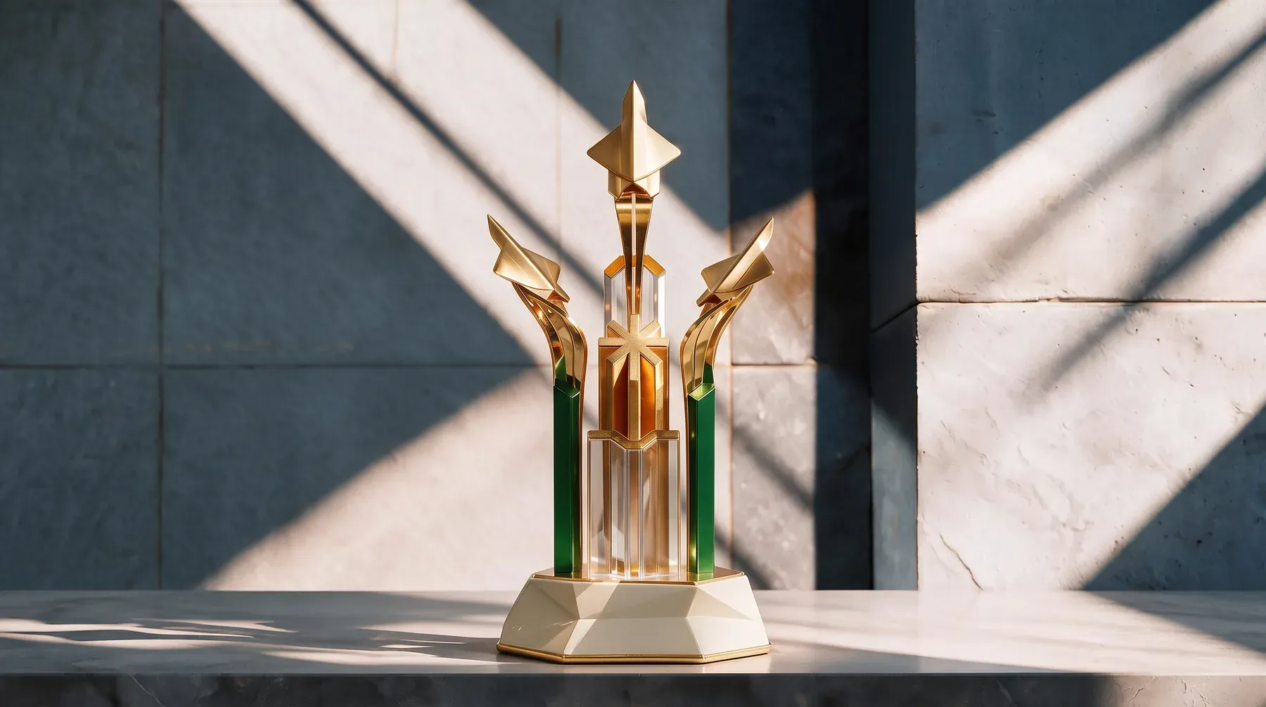 Gold star award with green glass panels, a branded corporate gift