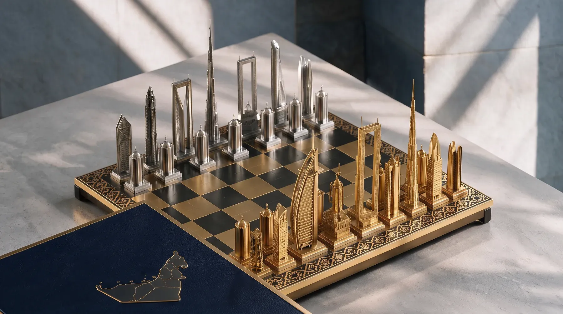 Gold and silver chess set on a board cut in the shape of the UAE