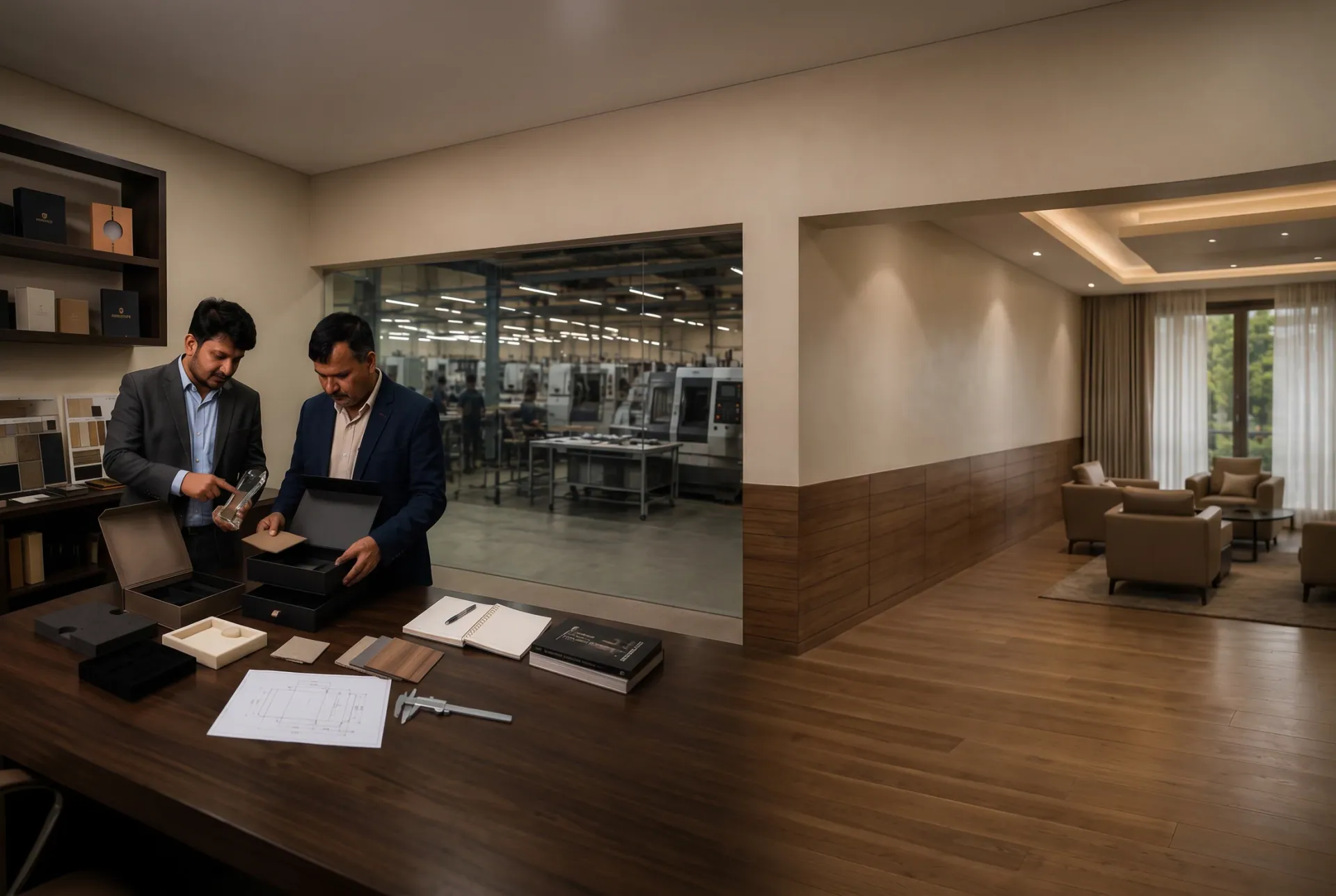 A Crystal Arc designer and client reviewing a piece and material samples, with the production floor visible beyond