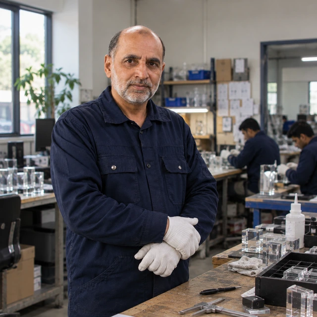 Crystal Arc head of quality control inspecting a finished trophy