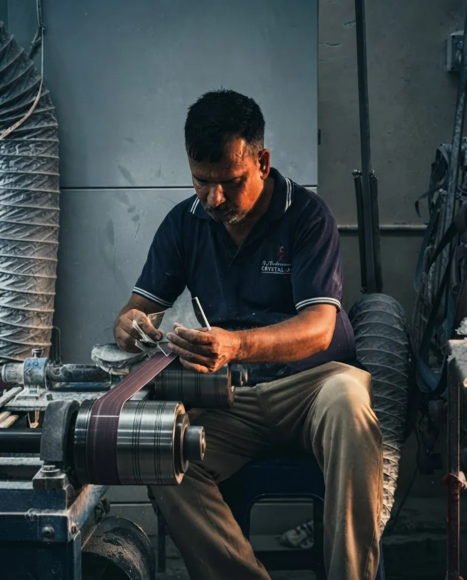 A Crystal Arc craftsman finishing a piece at the grinding wheel