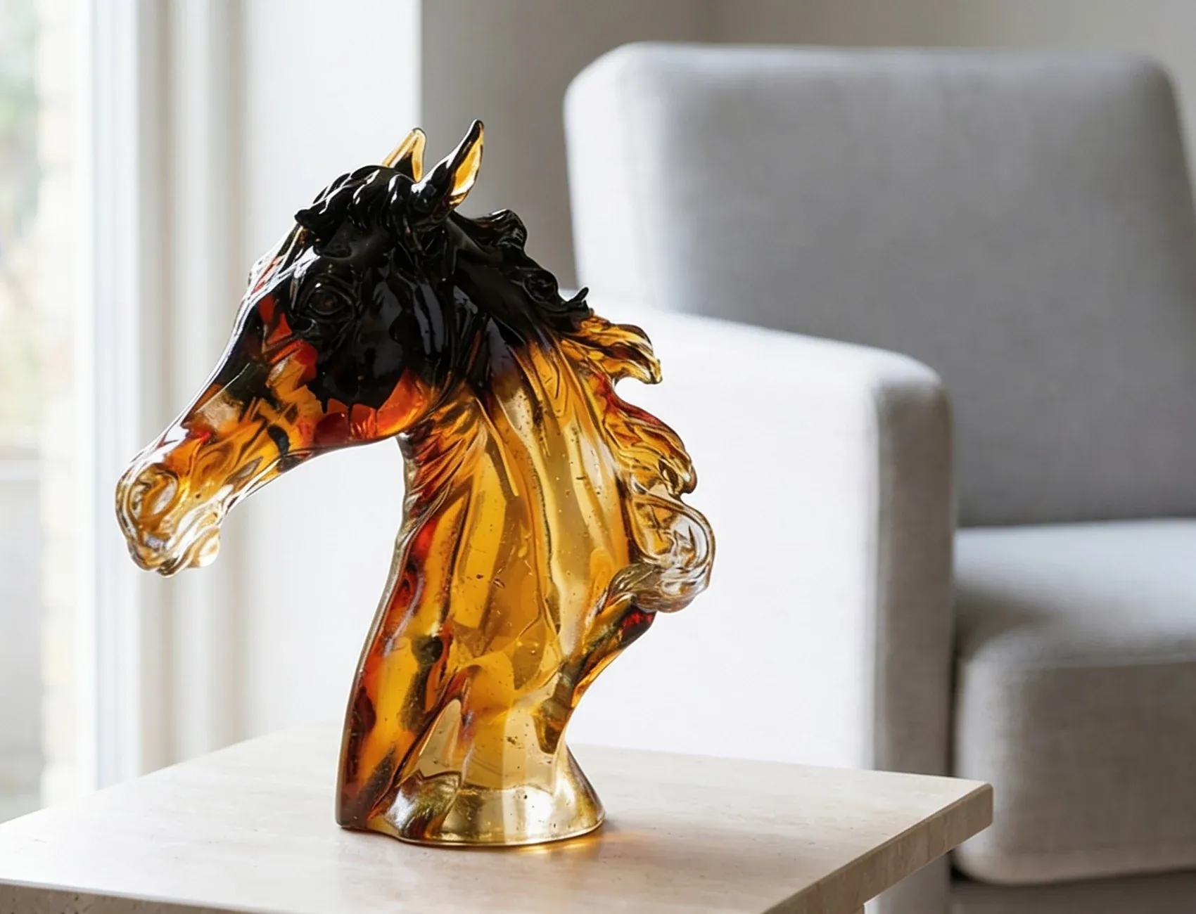 Horse's head sculpted in amber crystal, caught in daylight
