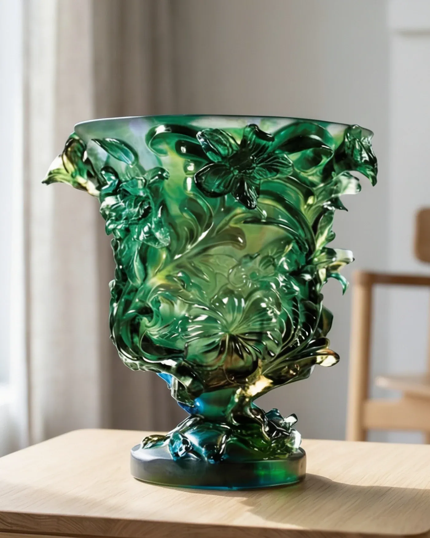 Green crystal vase with a sculpted leaf surface