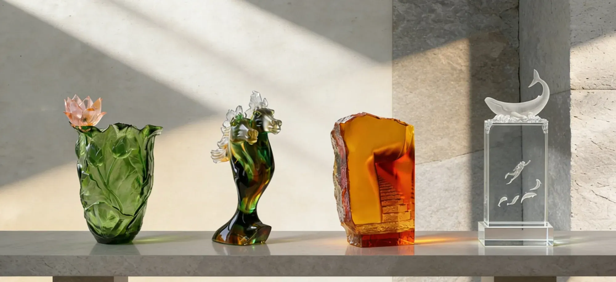 Crystal Arc home décor pieces arranged on a stone console in daylight