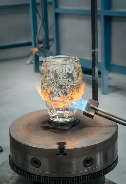 A craftsman finishing a crystal piece by flame at the bench