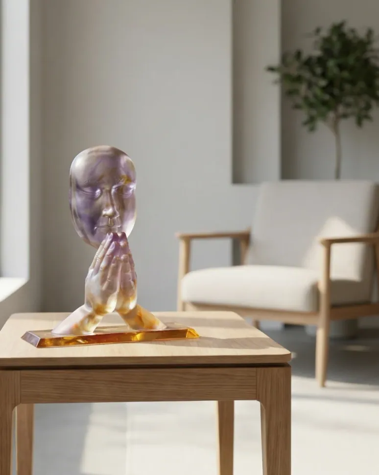 Crystal sculpture of a face resting on cupped hands, in violet and amber
