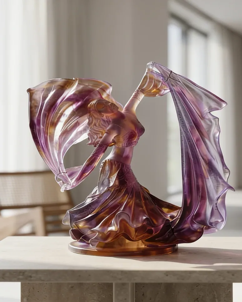 Abstract crystal sculpture of flowing drapery in violet and rose