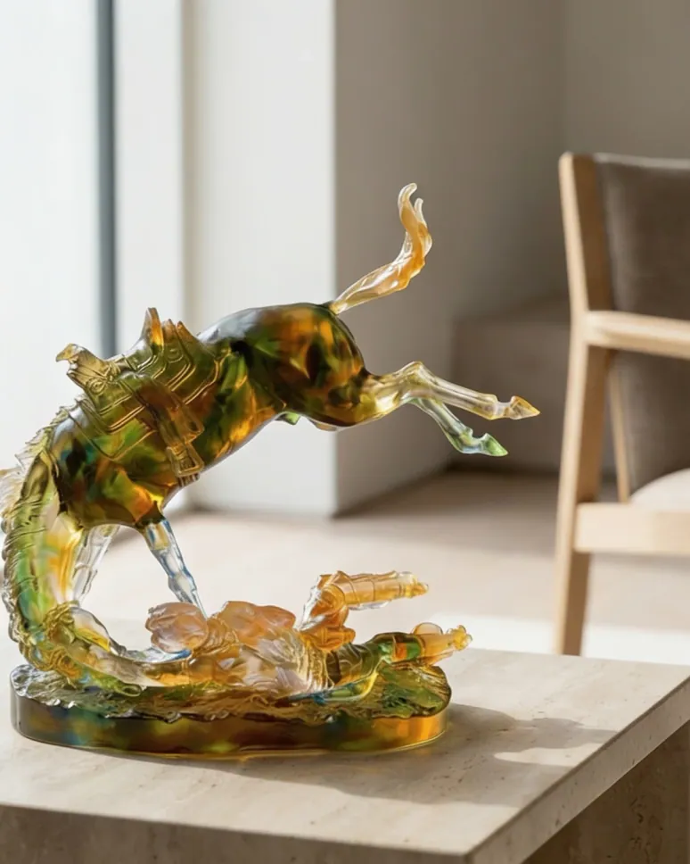 Leaping animal sculpture in green and amber crystal