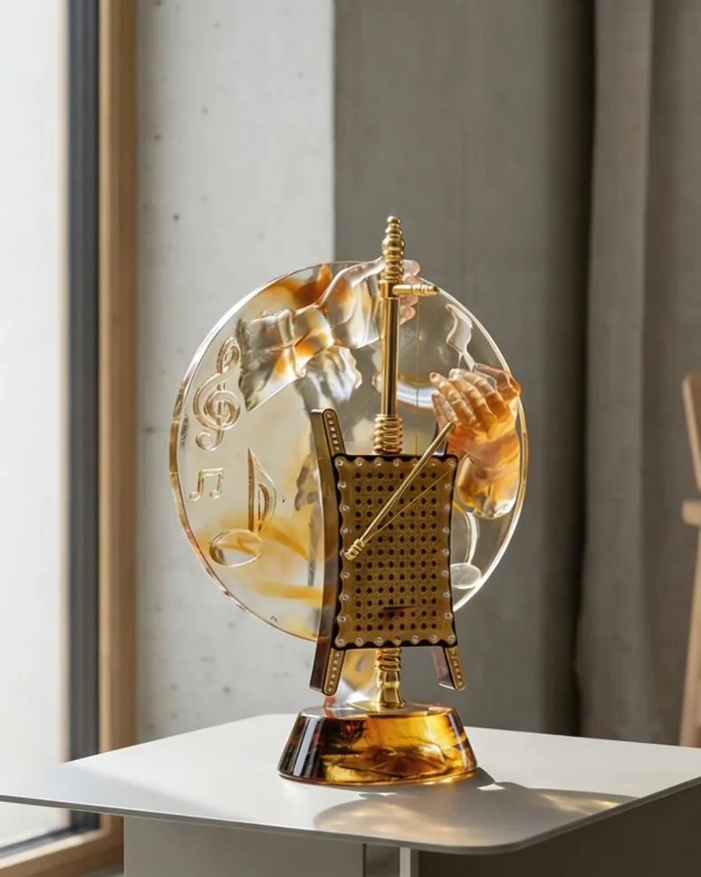 Amber crystal disc sculpture on a polished base