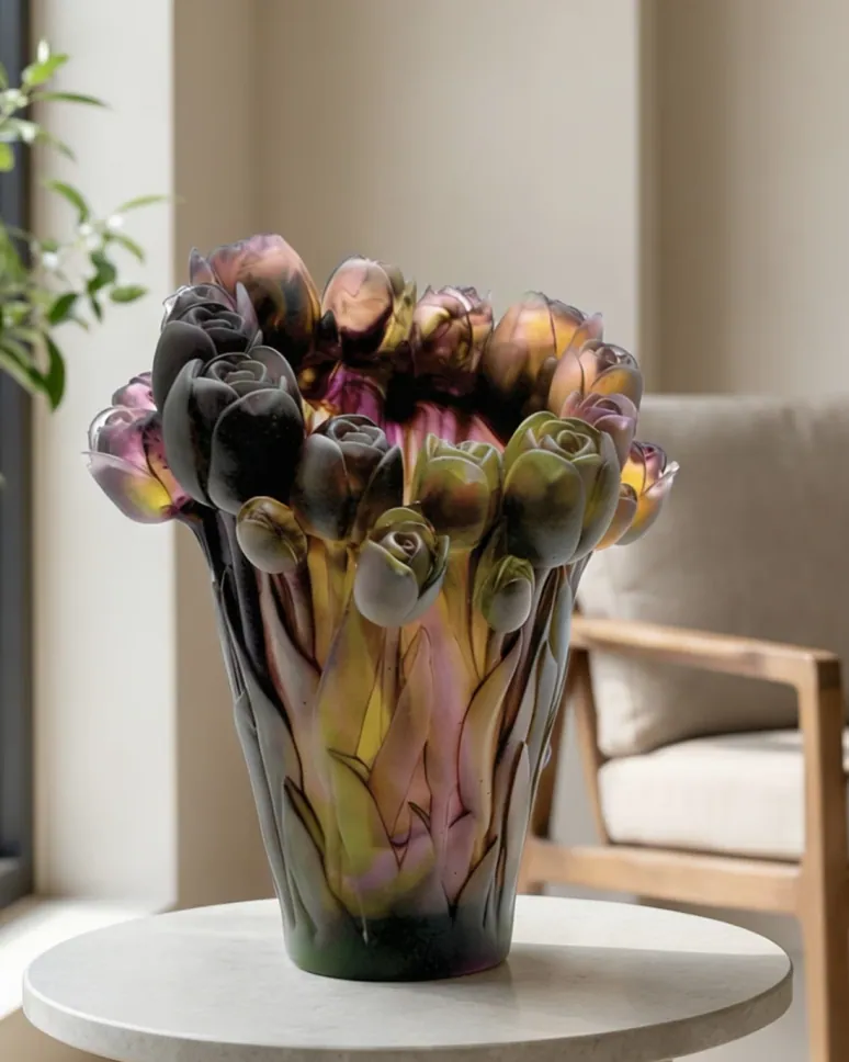 Crystal vase with sculpted tulips in deep plum and amber