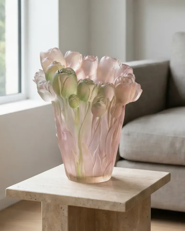 Crystal vase with sculpted tulips in soft rose and green