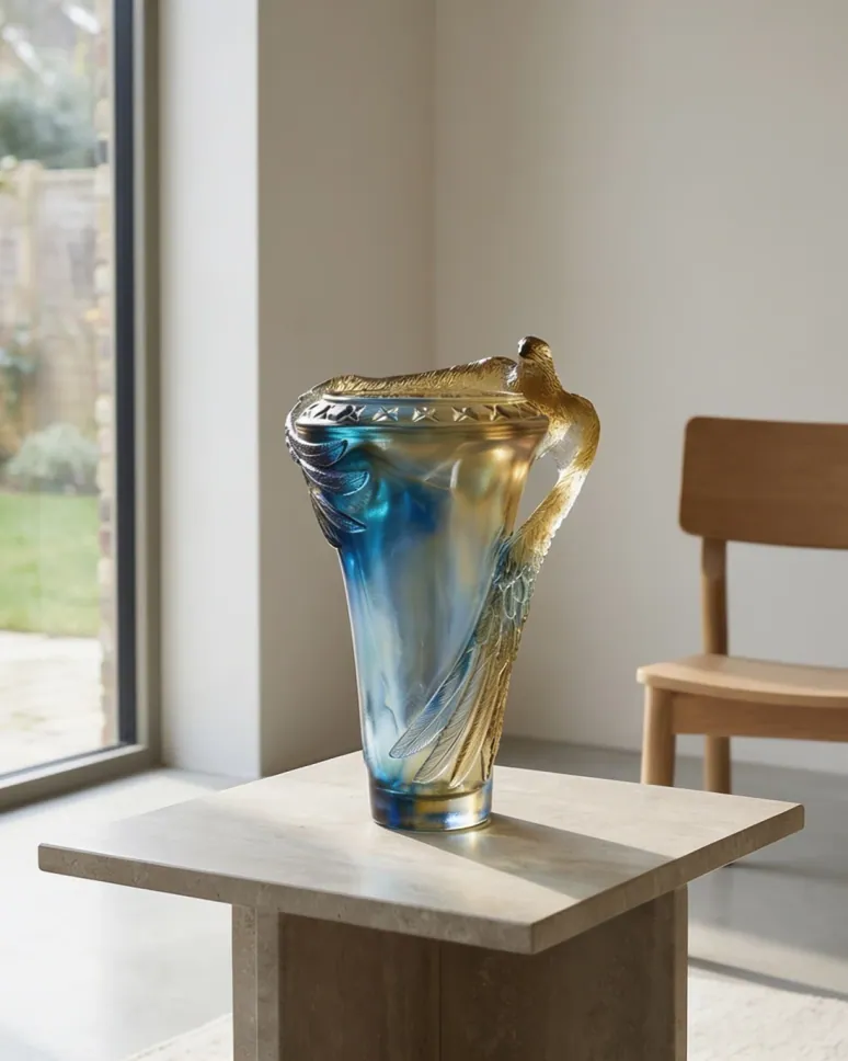 Small crystal vessel in blue and amber