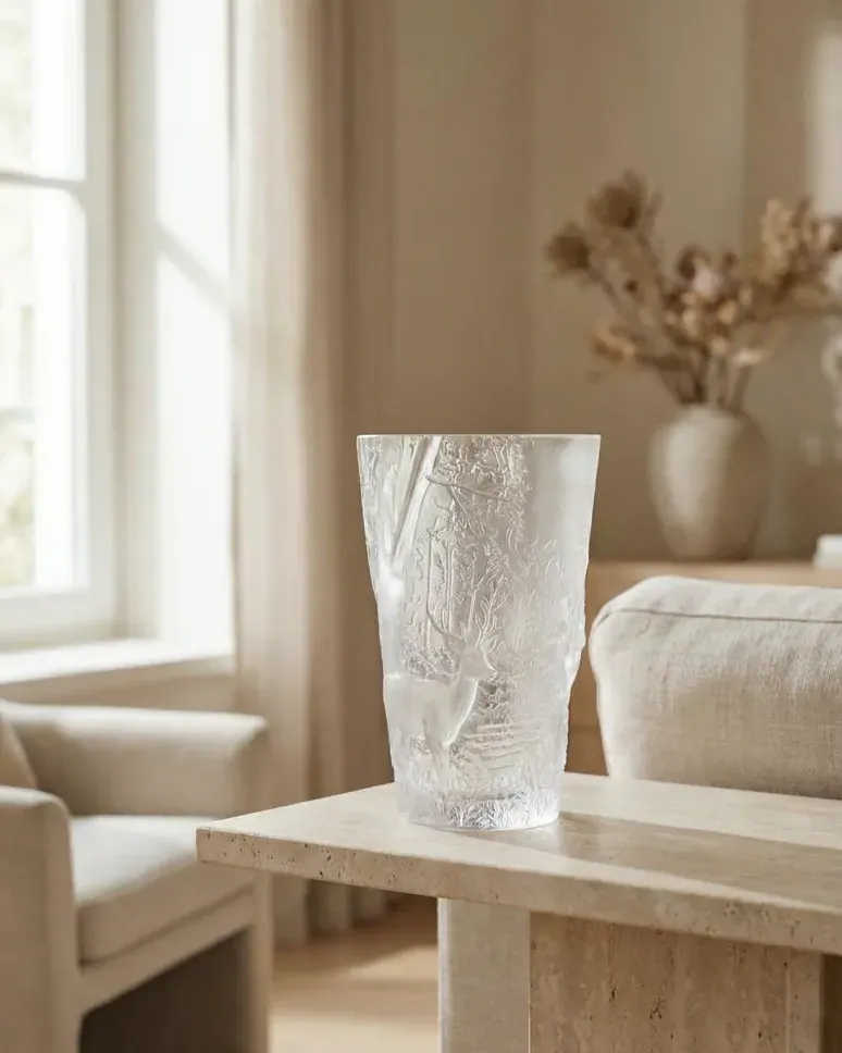 Clear crystal vase with frosted botanical relief
