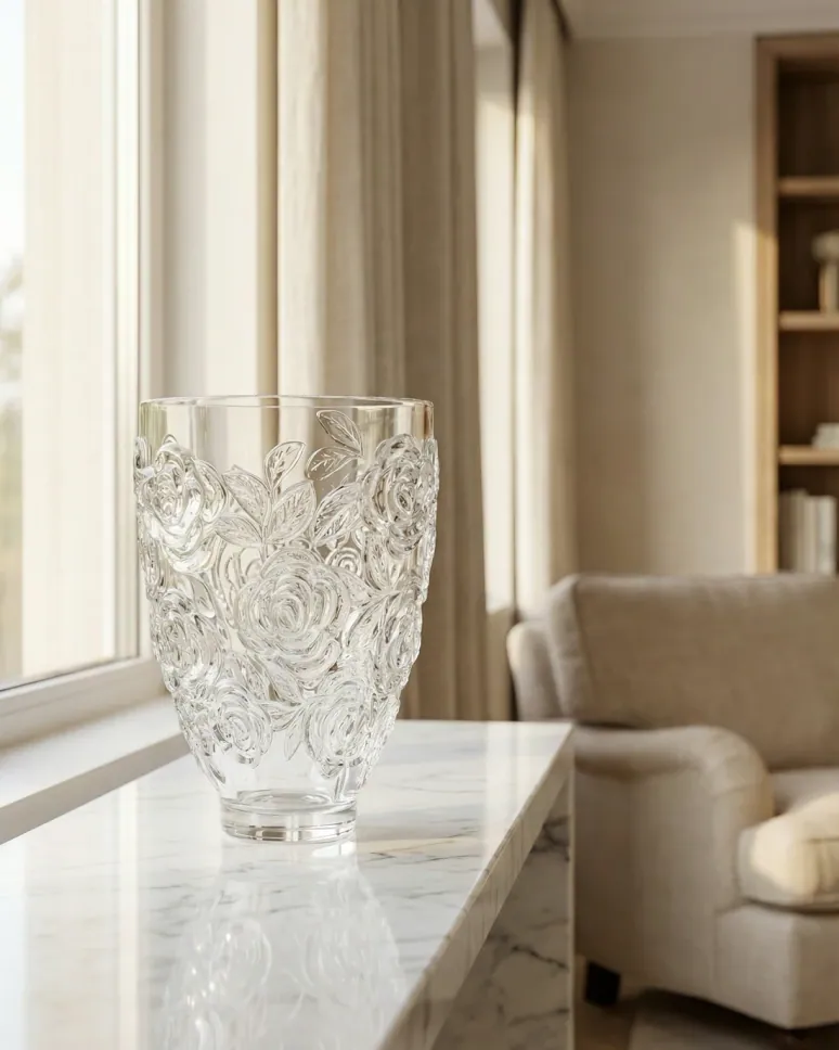 Clear crystal vase with dense frosted relief