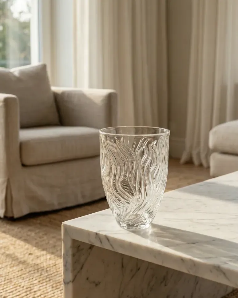 Clear crystal vase with frosted relief on a marble console