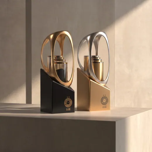 Pair of oval-framed gold and black trophies