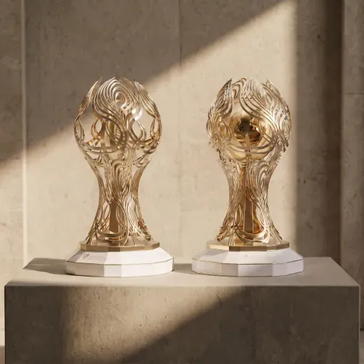Pair of gold football trophies on white bases