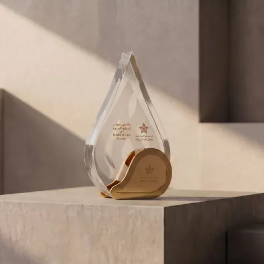 Clear teardrop-shaped award with a gold inset